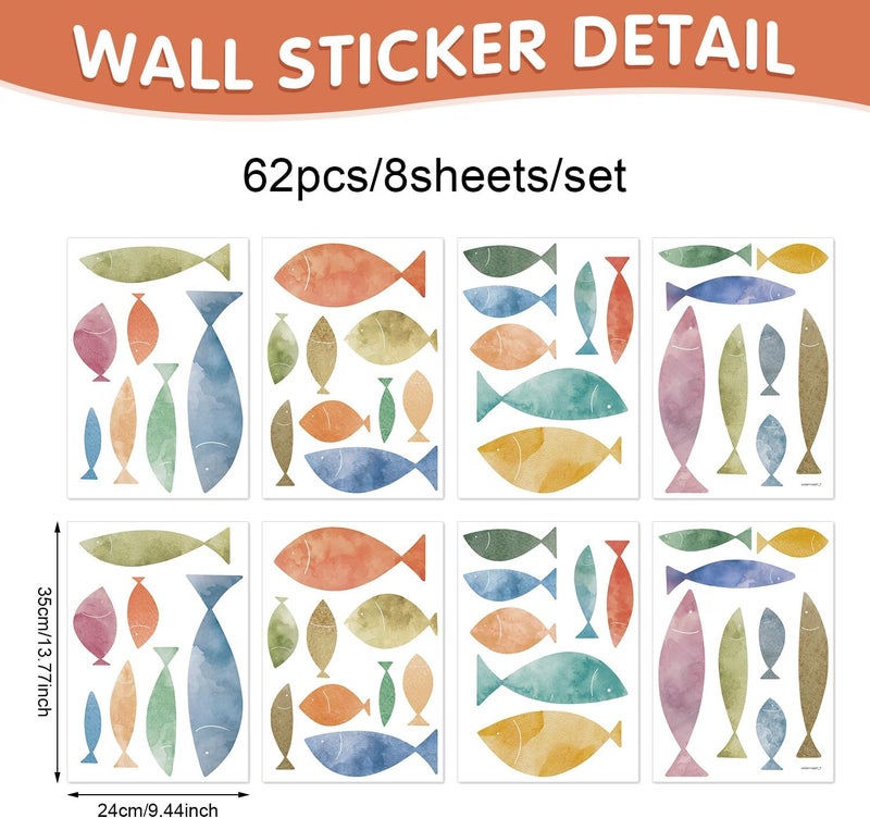 Kasubeso 62 Pcs Watercolor Ocean Fish Wall Decals, Peel and Stick Ocean Wall Sticker, Removable Vibrant Sea Life Underwater Theme Wall Decor for Kids Room Nursery Bedroom Playroom Classroom - Image 2